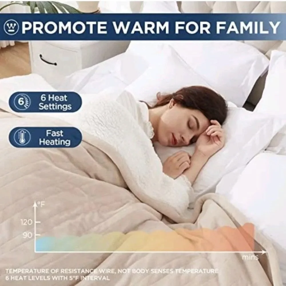 Westinghouse Heated Electric Blanket Beige Silky Flannel Sherpa 50